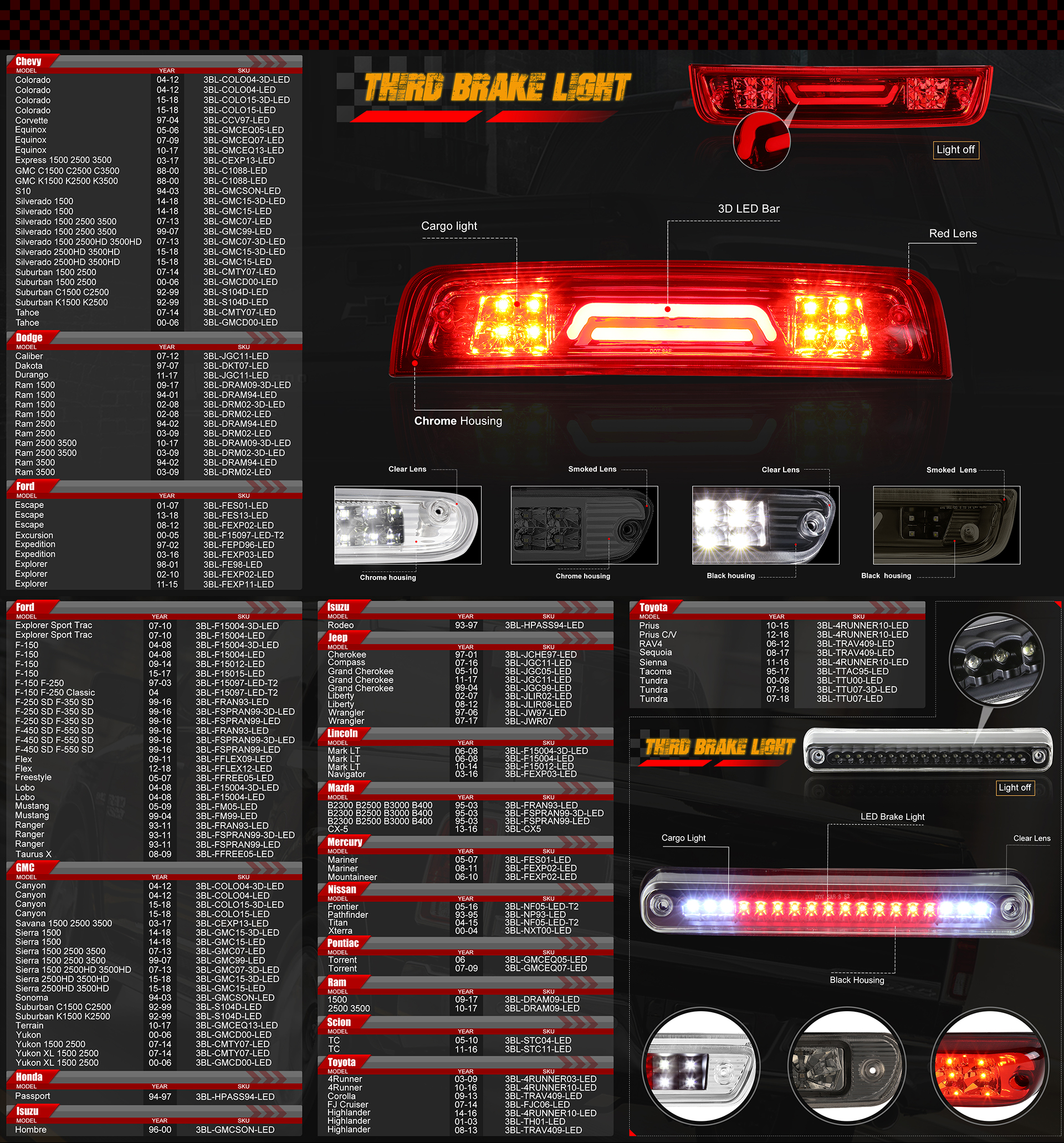 15-18 Chevy Colorado/GMC Canyon DNA Motoring 3BL-COLO15-3D-LED-BK Black Housing 3D LED 3rd Brake Light